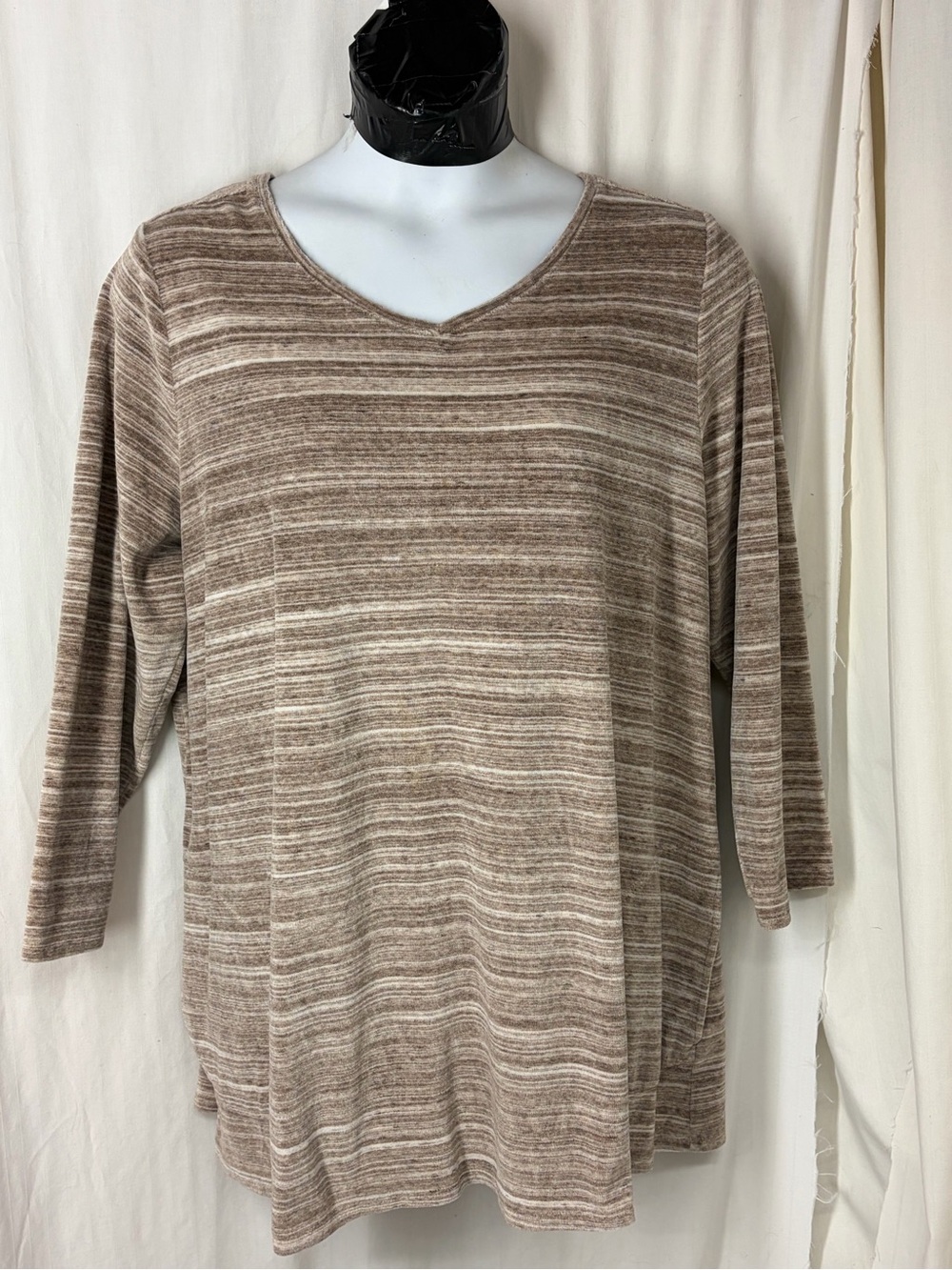 J.Jill 3x Pure Jill Terry Velour Tan Pockets Tunic Top V Neck Neutral Stripes
